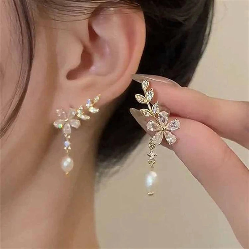 Leaves Crystal Flower Stud Earrings