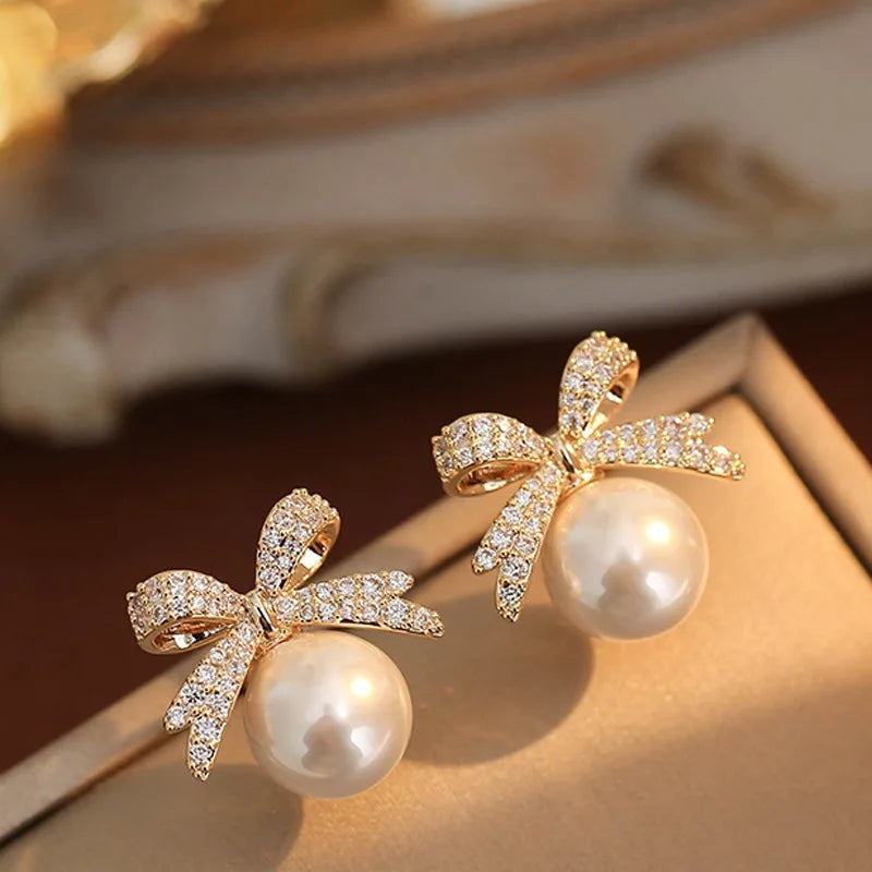 Rhinestone Bow Pearl Stud Earrings