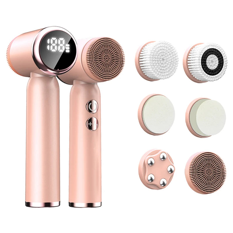 Portable 6-in-1 silicone electric Cleansing facial exfoliating brush