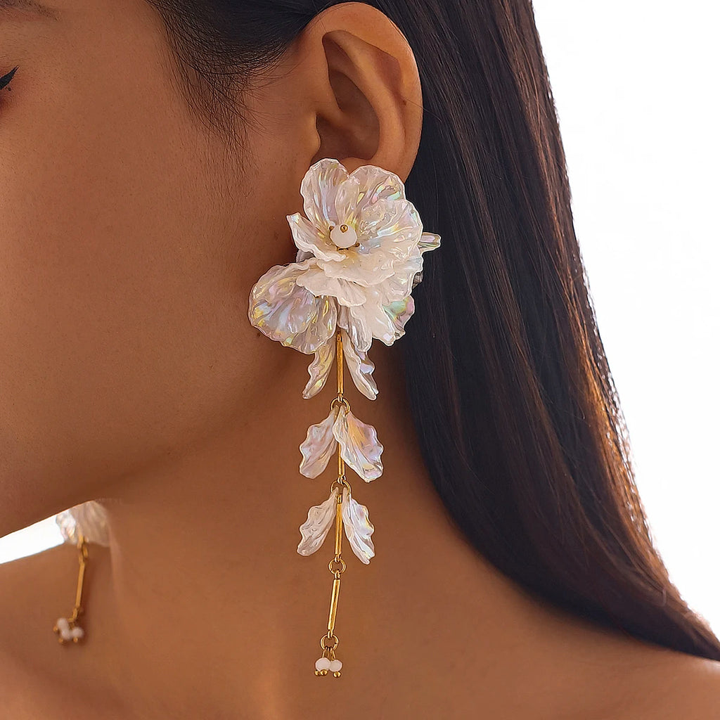 Elegant White Petal Flower Drop Earrings