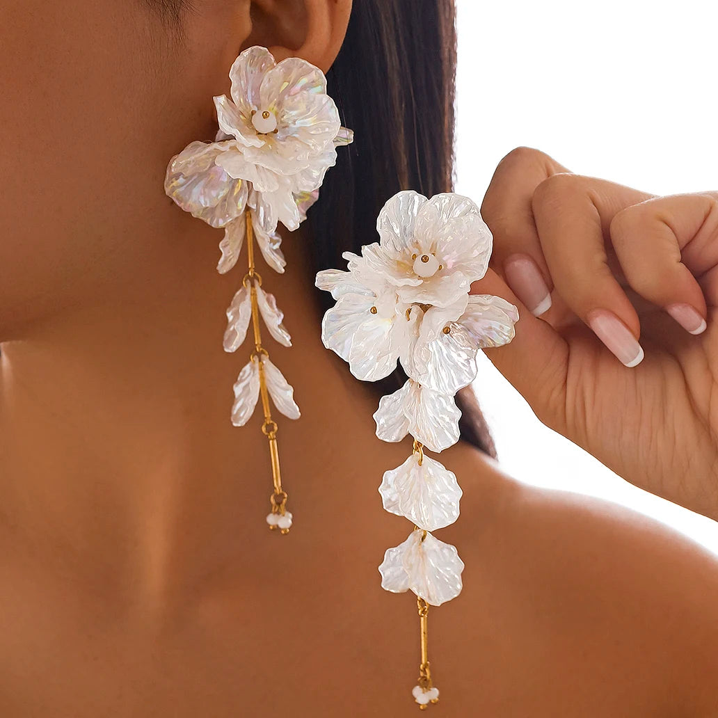 Elegant White Petal Flower Drop Earrings