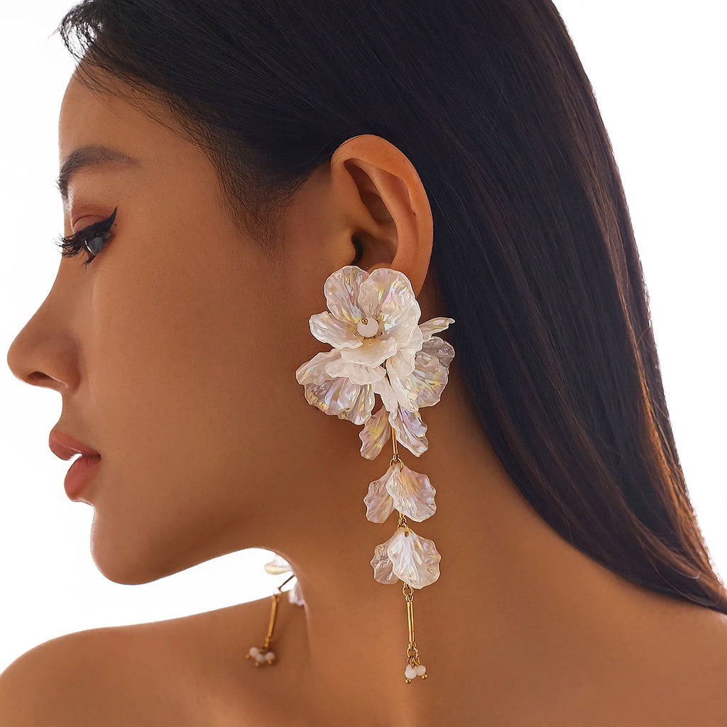 Elegant White Petal Flower Drop Earrings