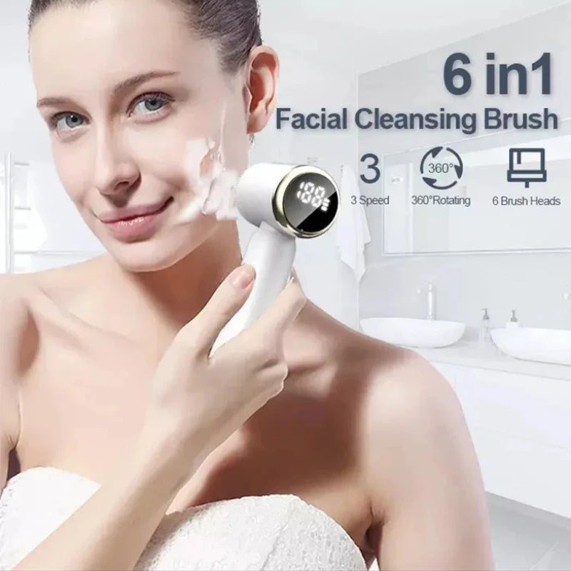 Portable 6-in-1 silicone electric Cleansing facial exfoliating brush