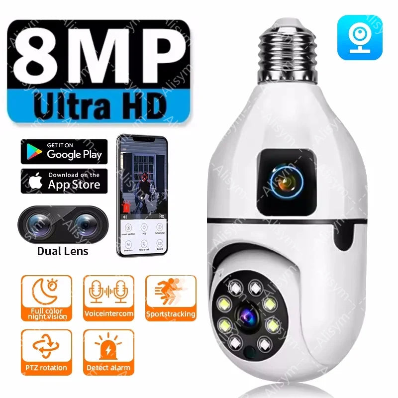 Bulb WIFI Camera 8X Zoom Dual Lens Human Tracking Wireless