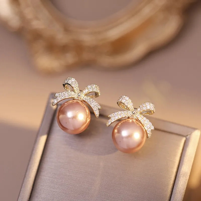 Rhinestone Bow Pearl Stud Earrings
