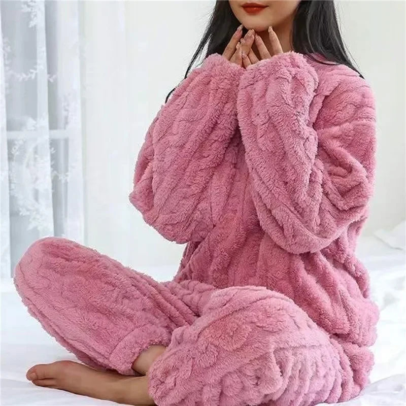 Soft Coral Velvet Jacquard Warm Pajama Set